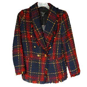 Halogen Blazer Jacket plaid Retro 60s Mod Tartan Academia Fringe Holiday Coat